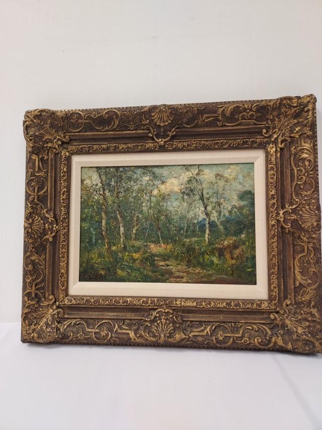 VINTAGE OIL ON WOOD PANEL FOREST SCENE PAINTING (1 of 10)