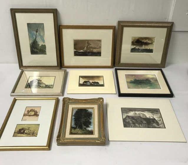 9 PC ELLIOT ORR US B.1904, WATERCOLOR, OIL, PENCIL: 9 PC ELLIOT ORR US B.1904, WATERCOLOR, OIL, PENCIL. Fishing shacks; landscapes and seascapes. All signed; some titled, various media - see photos. 4 1/4" x 3 1/4" to 5 1/2"x 8 1/2". Seven are framed, 