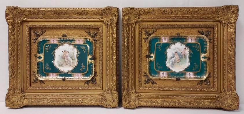 PR BAVARIAN STENCIL DECORATED RECTANGULAR CHARGERS: PR BAVARIAN STENCIL DECORATED RECTANGULAR CHARGERS. 8" X 10 1/2:". Each having a green ground with fired gold scroll and foliate motif surrounding a stencil printed female and cherub reserve. Bavarian