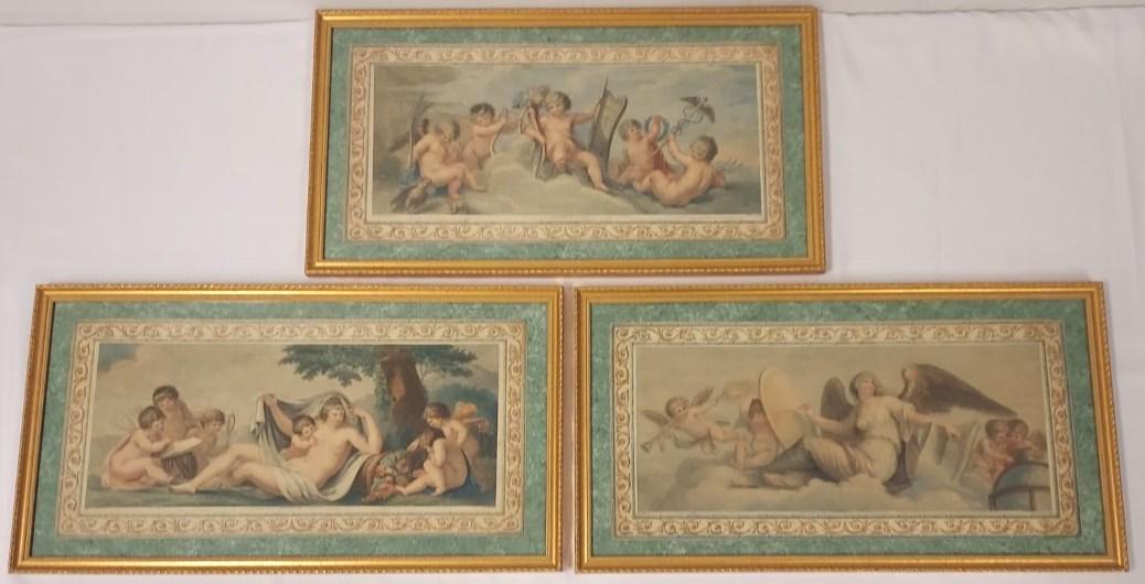 THREE FRAMED 18TH C BARTOLOZZI PRINTS BY BOVI: Lot of three framed hand colored stipple engravings produced by Francesco Bartolozzi, published by Mariano Bovi and original image after Giovanni Battista Cipriani. Each one framed measuring 14.5" x 2