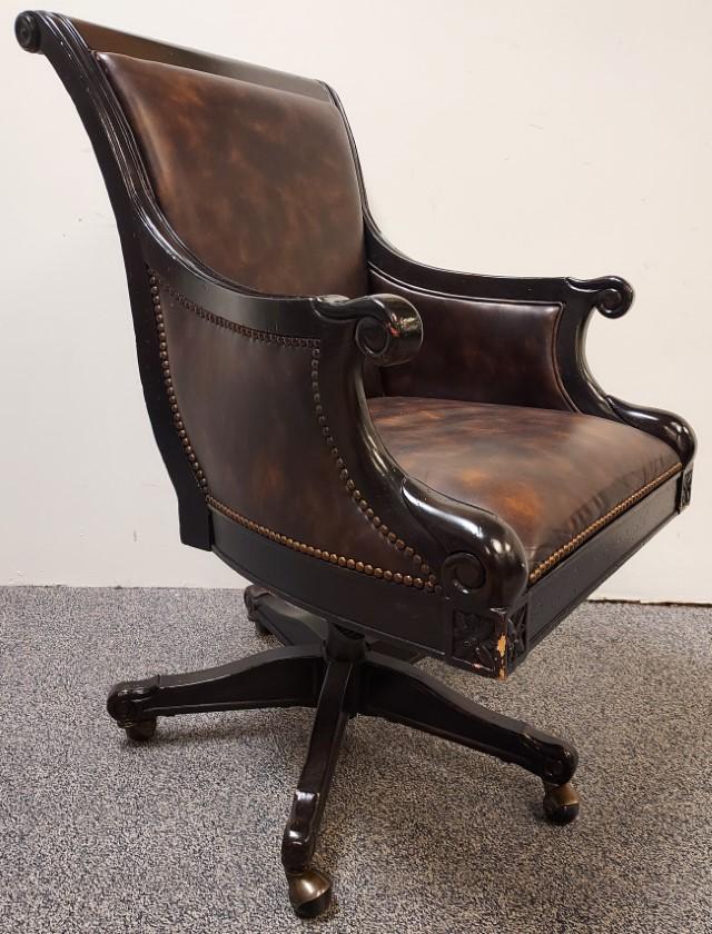 TOMMY BAHAMA WOOD & LEATHER OFFICE DESK CHAIR: Black Tommy Bahama by Lexington office desk chair. Measures a total of 41" tall x 26" wide x 32" deep. Condition: leather is good but wooden frame has some minor scattered nicks and dings, see images.