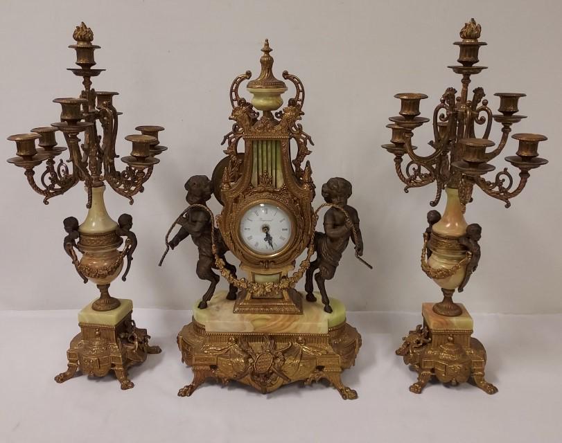 BRONZE FRENCH STYLE MANTEL CLOCK AND GARNITURES (1 of 20)