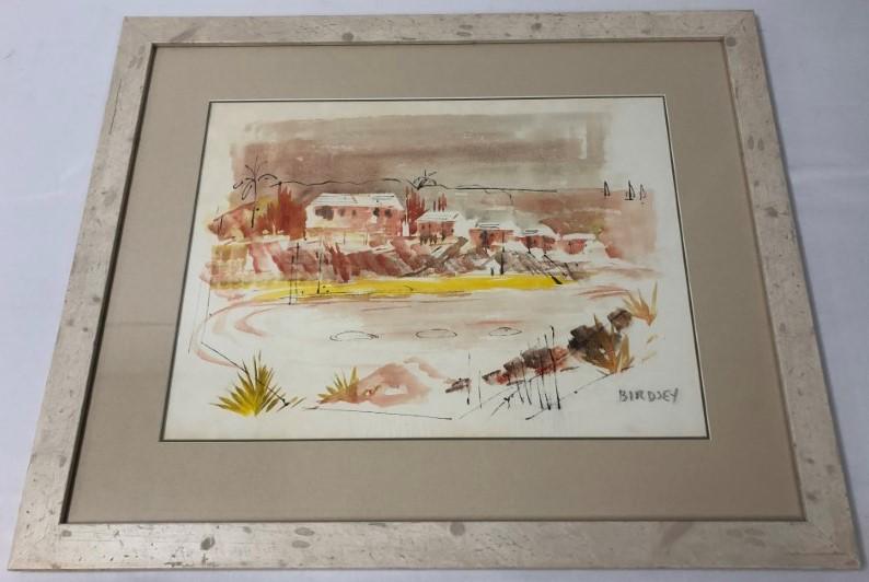 ALFRED BIRDSEY (BERMUDIAN 1912-1996), WATERCOLOR: ALFRED BIRDSEY (BERMUDIAN 1912-1996), WATERCOLOR. Bermuda cottages and bay; watercolor and ink on paper; signed lower right; 16" x 21 3/4" image; matted and framed, 28 1/4" x 34 1/4". Weight: 11.2 lbs