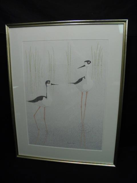 MARY ELLEN HUGHES POINTILLISM PAINTING: BLACK NECKE: Mary Ellen Hughes pointillism painting depicting two Black Necked stilts in water. Signer lower center. Framed, matted, and under glass. Condition: good, see images. In frame measures 37.25" tall x 29
