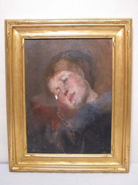 FREDERICK TRAP FRIIS PAINTING: SLEEPING WOMAN: Oil on canvas painting of a sleeping woman, signed. Measures 16" x 14" and 20 1/2" x 16 1/2 framed. Estate stamp on streacher, "Frederick Trap Friis 1865-1909." Condition: small paint loss to cheek. S
