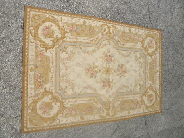 AUBUSSON STYLE SCOTTISH WOOL NEEDLEPOINT RUG 4' X : Pringle Scottish wool, Aubusson-style, handmade needlepoint rug. 12 stitches per square inch. Village of Newton with Scales. Near Preston: Lancashire, England. Signed on the under edge "Ada West". Flo