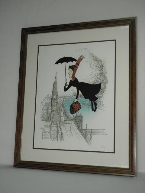 AL HIRSCHFELD SIGNED LITHOGRAPH: MARY POPPINS FLYI: Al Hirschfeld signed artist proof lithograph titled "Mary Poppins, Flying over London". Signed lower right , and numbered "AP VIII/XX" lower left. Professionally framed and matted. Condition: good, se