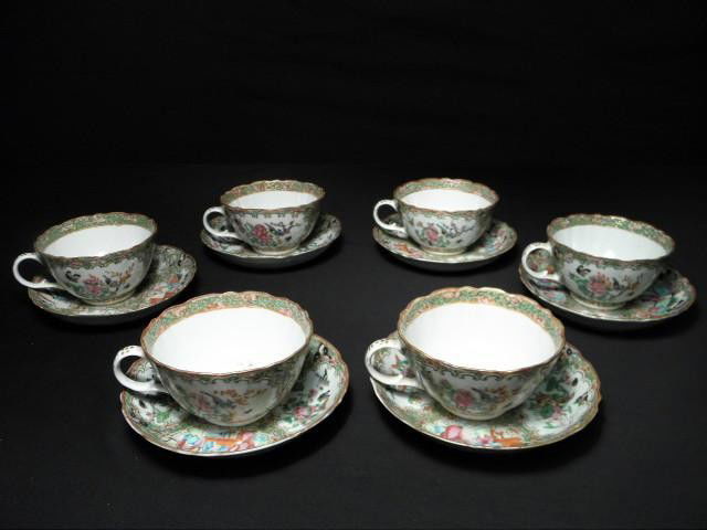 CHINESE EXPORT ROSE MEDALLION CUPS & SAUCERS: Chinese Export Rose Medallion cups and saucers. Includes 6 cups and 6 saucers. Hand painted Rose Medallion pattern. Condition: hairline to edge of one saucer, see images. Cups measure 4.75" (w/handle)