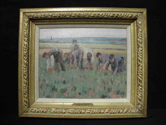 ELMER BOYD SMITH OIL ON BOARD PAINTING: Elmer Boyd Smith (American 1860-1943) oil on board painting, "Brittany",. depicting workers in a field. Signed, titled and dated on verso. Framed in distressed antique look frame. Gilt plaque on front