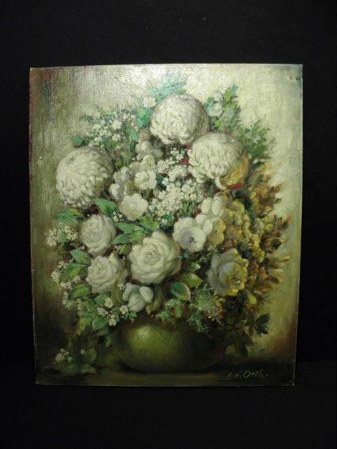 JOHN WILLIAM ORTH OIL ON CANVAS: SUMMER WHITES: John William Orth (American 1889-1976), oil on canvas floral painting. Titled "Summer Whites". Depicts flowers in a vase. Canvas unframed. Signed lower right. Condition: good, see images. Measures 24"