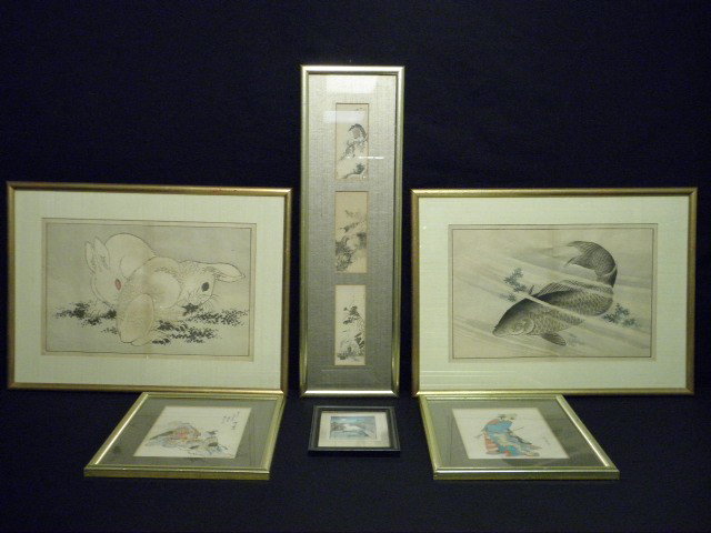 SIX FRAMED JAPANESE WOODBLOCK PRINTS: Six framed Japanese woodblock prints. Includes "Beautiful but old" after Kawanobe, "Otokomai" after "Utamaro, a three print bird display, small bridge print, a carp print, and a print depicts two rabb
