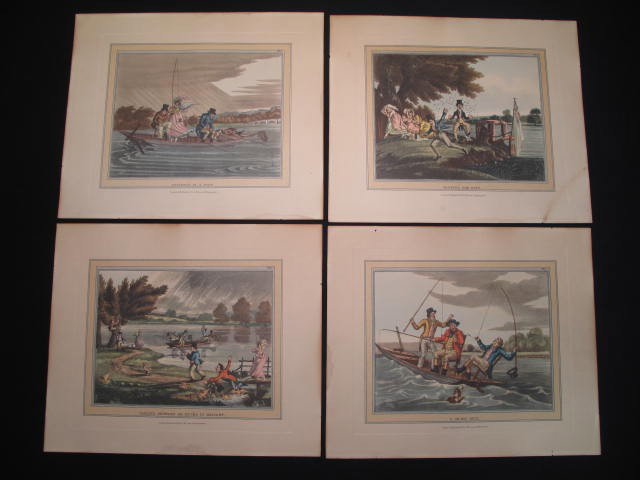 FOUR ANTIQUE FISHING HUMOR AQUATINTS: Four antique fishing humor original aquatints. Rare original hand colour Aquatint of a Fishing scene. Author: McLean T Anon. Printed: 1820 London. Titled: "Digging for Bait", "Smiling Showers or Ducks