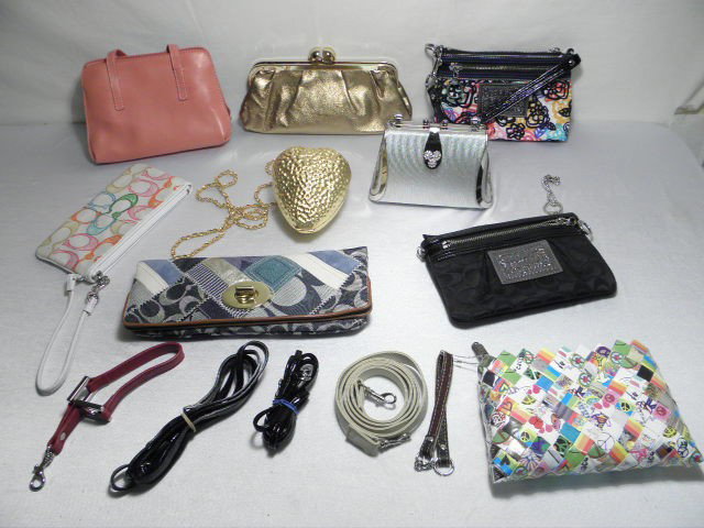 NINE ASSORTED LADIES HANDBAGS: COACH NINE WEST ETC: Lot of nine assorted ladies hand bags. Includes one Nine West, five Coach bags, an Oroton metal "strawberry" bag, a Nahui Ollin, and one silver and fabric bag by unknown maker. Also includes various s