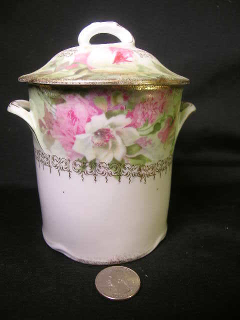 FLORAL DECORATED BAVARIAN ANTIQUE CONDENSED MILK J: Lot : 589 - FLORAL DECORATED BAVARIAN ANTIQUE CONDENSED MILK JAR - Measures 5" tall. Minor wear. No chips, cracks or crazing.