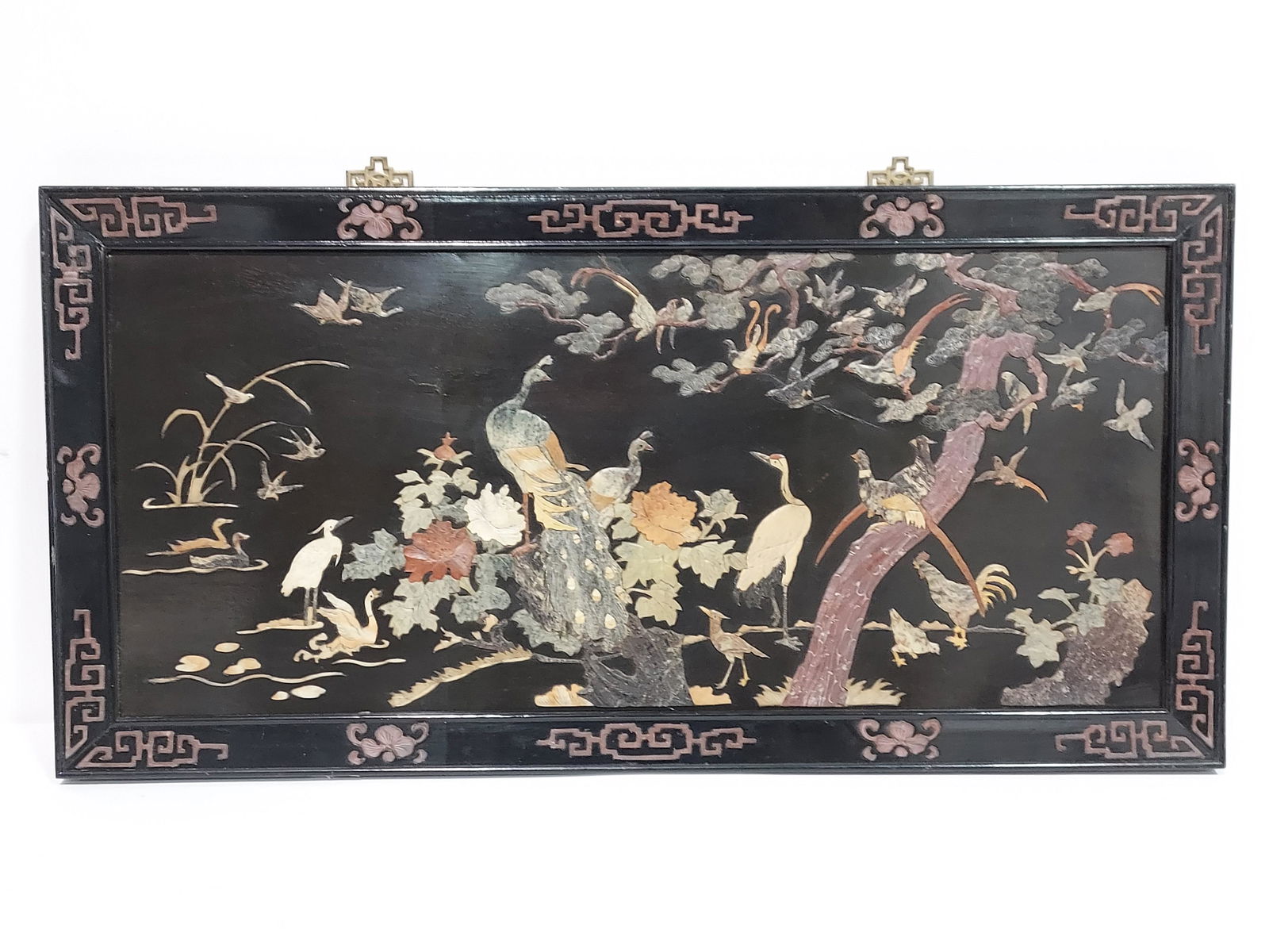 CHINESE HARDSTONE INLAID BLACK LACQUER WALL PANEL (1 of 9)
