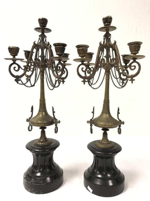 PAIR VICTORIAN BRONZE & MARBLE CANDELABRA, 19TH C. (1 of 12)
