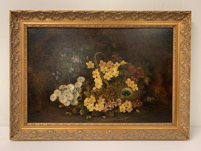 19TH C. FLOWER BASKET & BIRD'S NEST OIL ON BOARD (1 of 14)