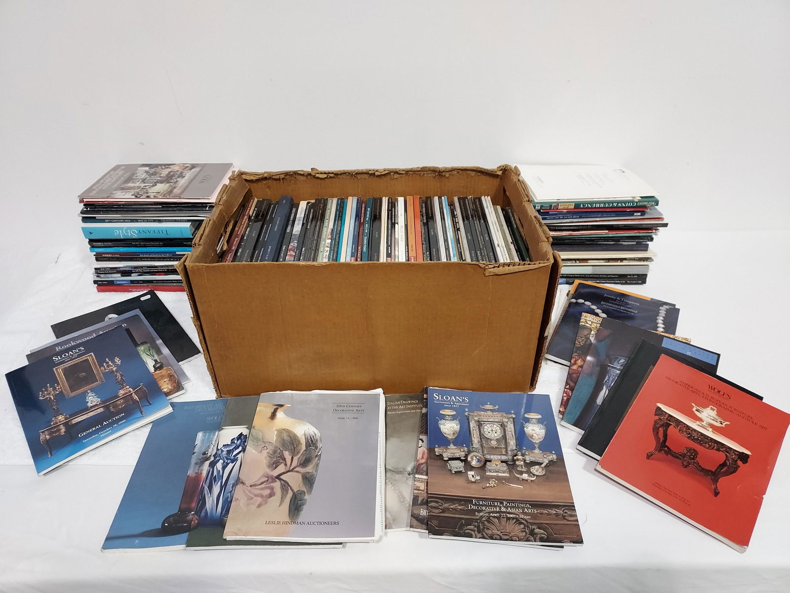 HUGE COLLECTION VINTAGE AUCTION CATALOGS 155 LBS: Huge 155lb collection of vintage auction catalogs. Wide variety of categories - antiques, silver, manuscripts, artwork, furniture, etc. Some auctionhouses include Christies, Skinner, Sotheby's, Wolf's