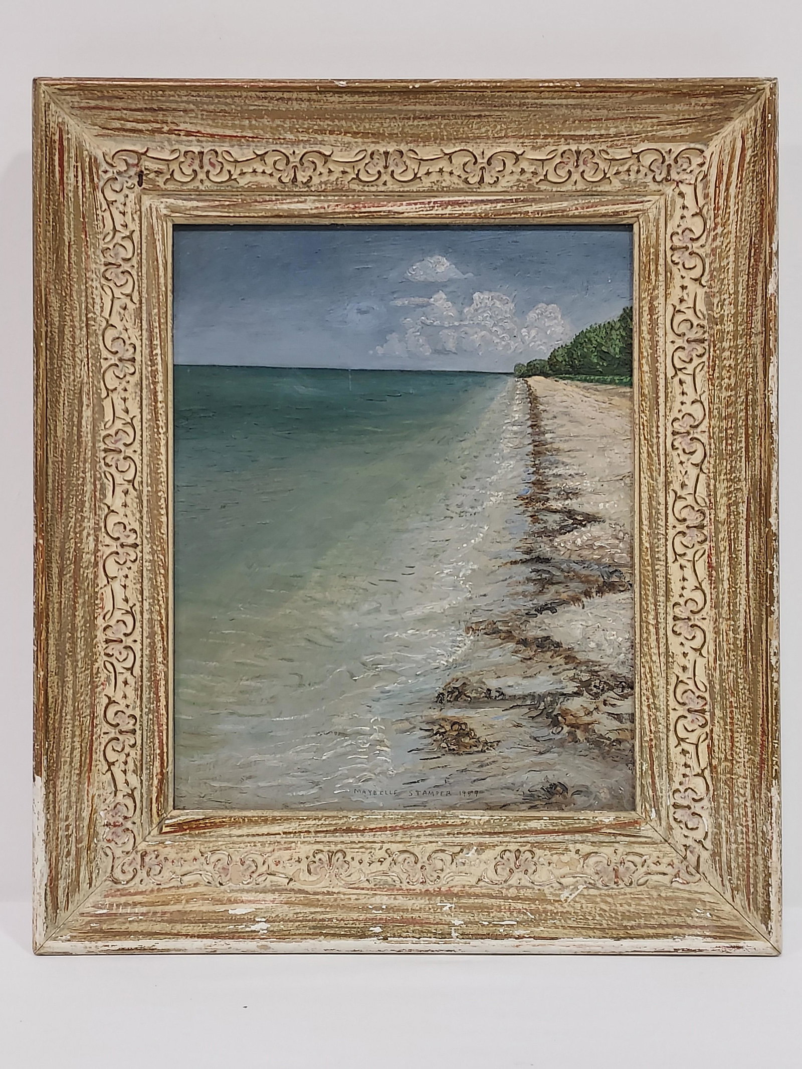 MAYBELLE STAMPER OIL ON MASONITE PAINTING: Maybelle Stamper oil on masonite painting depicting the Florida coast. Signed and dated lower edge "Maybelle Stamper 1957". Measures (frame) 18" x 15.25" wide, and (sight) 12.5" x 10" wide. Condition: