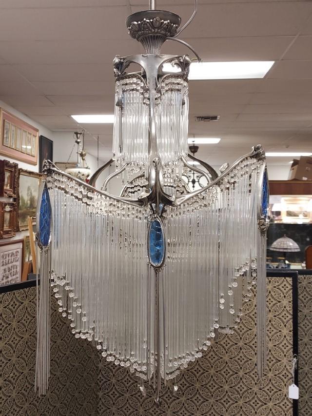 ANTIQUE ART NOUVEAU CAST METAL & GLASS CHANDELIER (1 of 14)