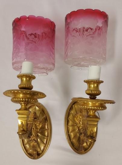 PAIR GILT BRONZE SCONCES W/ CRANBERRY GLASS SHADES (1 of 20)