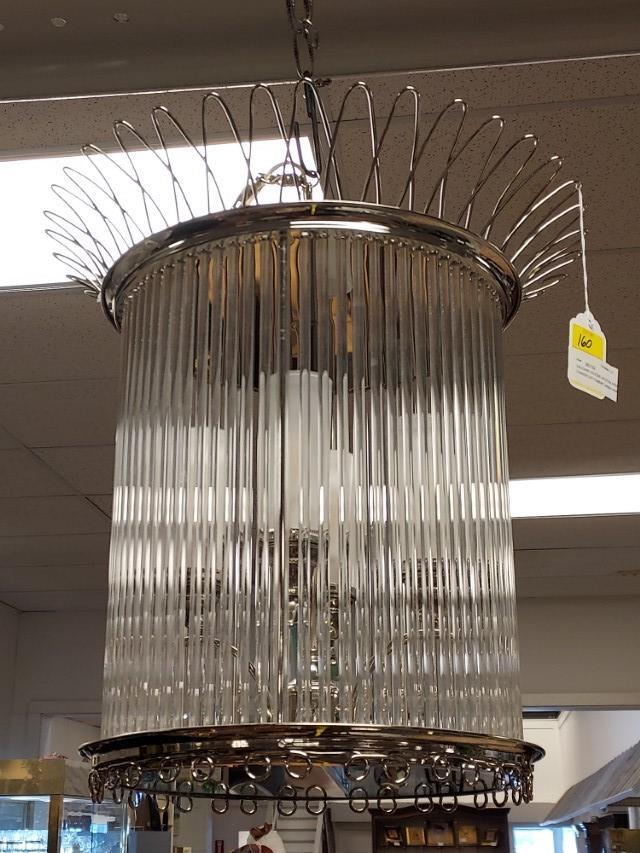 VAUGHAN DESIGNS MODERN PENDANT CHANDELIER: Vuaghan Designs modern pendant style chandelier with numerous glass spindle rods- all rods removable for transport or storage. Entire light measures 18.5" tall x 18.5" diameter. Condition: good workin