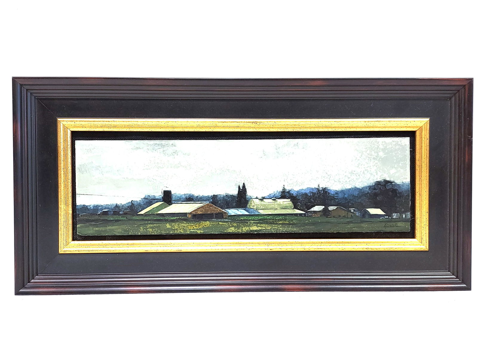 KARIN JURICK OIL ON BOARD QUINTESSENTIAL COUNTRYSI: Karin Jurick oil on masonite, 'Quintessential Countryside' Depicting the Countryside and Farms of Duvall, Washington. 9" x 18.5" framed. Signed lower right with gallery labels on reverse from 16 Patto