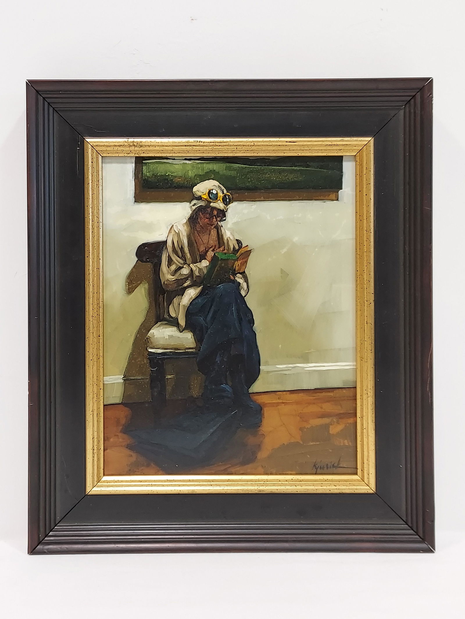 KARIN JURICK OIL ON MASONITE WOMAN READING: Karin Jurick oil on masonite painting depicting a young woman sitting and reading in what appears to be an art gallery or museum. Signed lower right. Measures: 13.5" x 11.25" x 1.5". Condition: Some c
