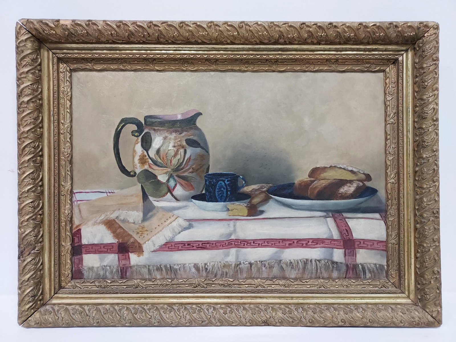 ANTIQUE OIL ON CANVAS PAINTING: STILL LIFE TABLE: Antique oil on canvas still life table scene painting, framed measuring a total of 20.5" x 28.5" wide. No apparent signature. Late 19th century. Condition: good condition for age, frame has signs of a
