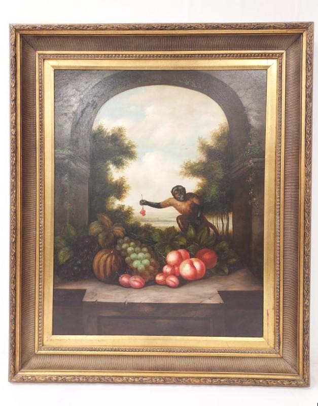 VINTAGE OIL ON CANVAS PAINTING: MONKEY W/ FRUIT (1 of 8)