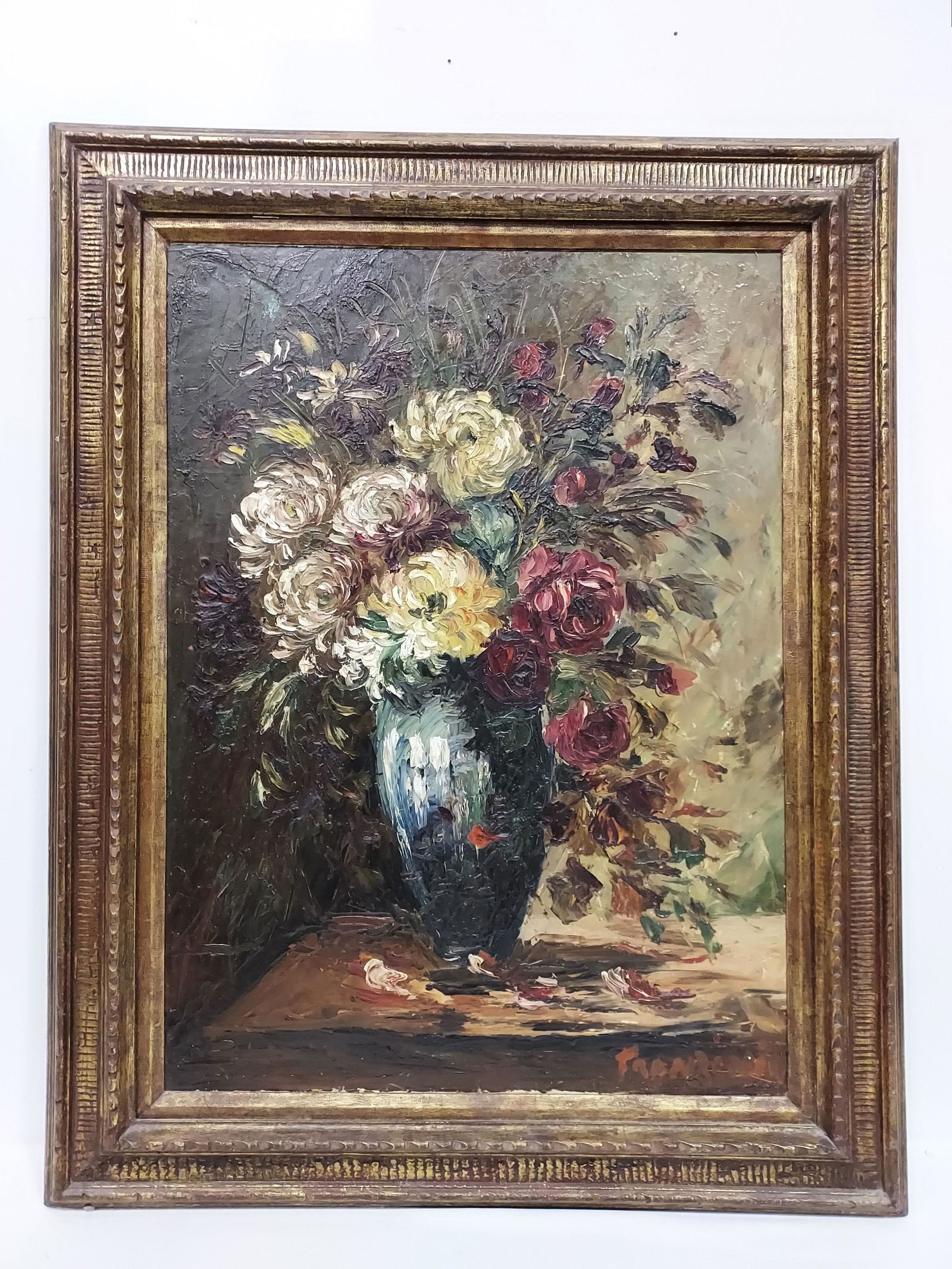UGO FRANZINI OIL ON CANVAS PAINTING: FLORAL STILL: Ugo Franzini oil on canvas painting depicting a traditional style floral still life scene. Signed "Franzini" lower right. Measures (frame) 40.75" tall x 30.25" wide, and (sight) 31.75" tall x 23" wide