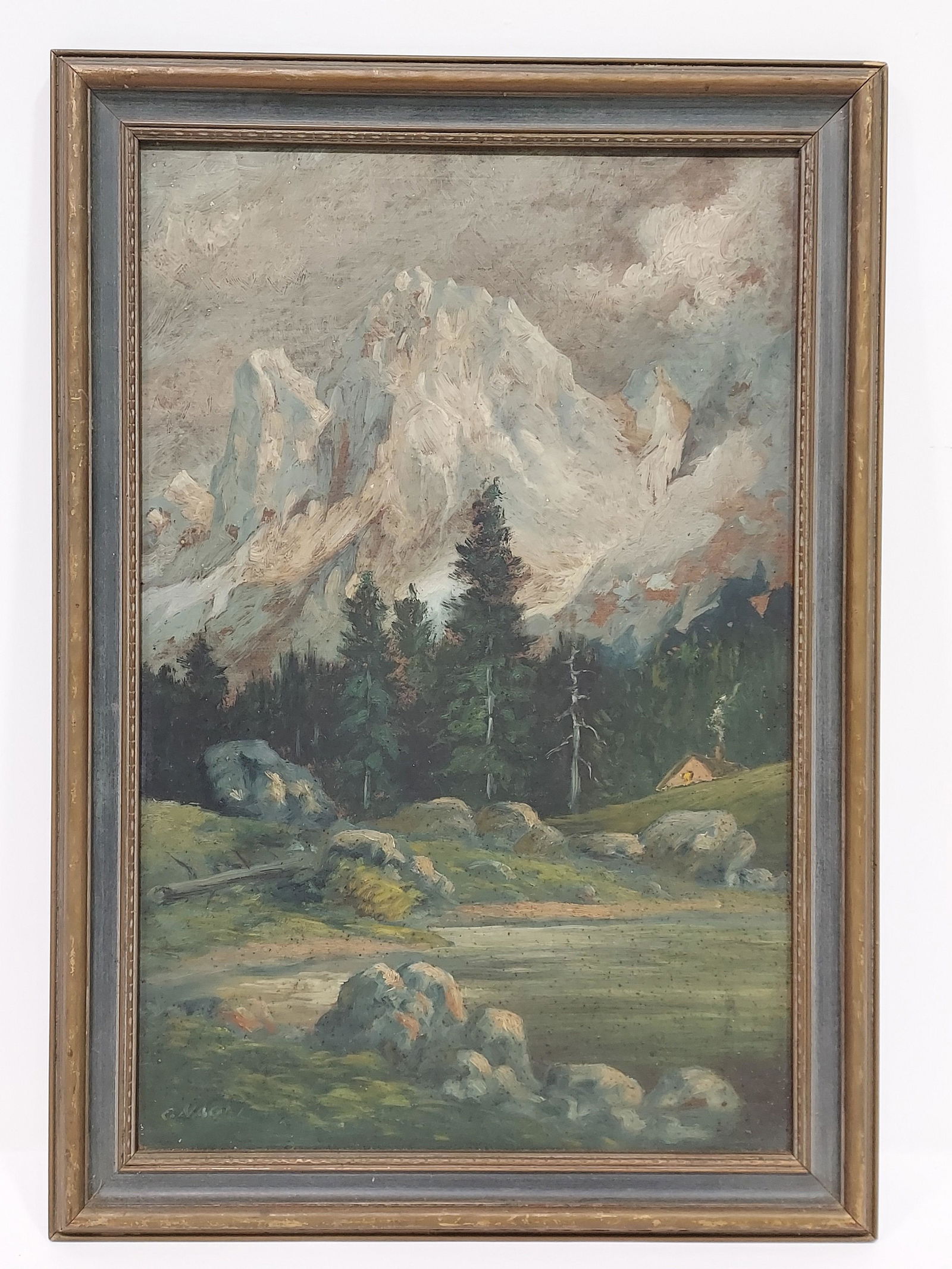 OTTO NAGEL OIL ON MASONITE PAINTING: MOUNTAINS: Otto Nagel vintage oil on masonite painting depicting a cottage in the mountains. Signed "O. NAGEL" lower left. Frame measures 20.5" tall x 14.5" wide and masonite board measures 18" tall x 12" wide.