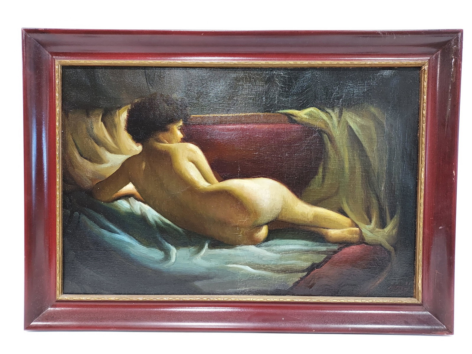 VINTAGE OIL ON CANVAS PAINTING: RECLINING NUDE: Vintage oil on canvas painting depicting a reclining nude female. Framed measuring a total of 26.75" wide x 18.5" tall x 1.5" thick. Signed illegibly lower right. Condition: expected signs of age to c
