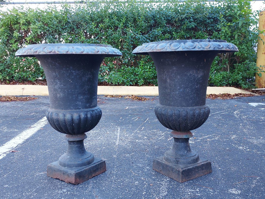 PAIR OF BLACK PAINTED IRON URN PLANTERS (1 of 6)