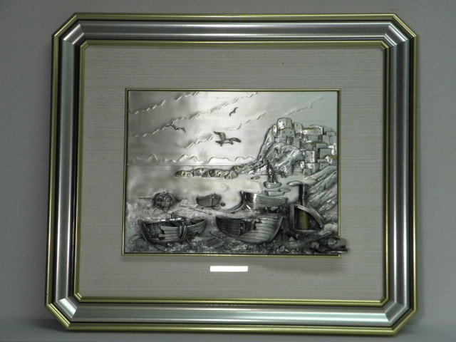 ITALIAN SILVER FRAMED RELIEF PLAQUE: VALENTI: Italian silver framed relief plaque. Titled, "Barche Abbandonate" or "Abandoned Boats". Depicts a seaside scene with abandoned boats littering the shore. Decorated with gold tone highlights. Signed, "