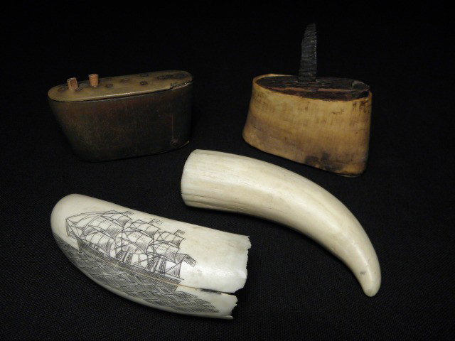 ASSORTED SCRIMSHAW CARVINGS AND SNUFF BOXES: Lot of assorted scrimshaw carvings and snuff boxes. Includes a scrimshaw carving on whale's tooth depicting a ship at sea, a scrimshaw uncarved whale's tooth, and two early scrimshaw snuff boxes. One 