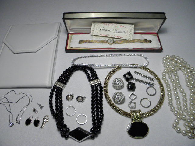 ASSORTED LADIES COSTUME JEWELRY: STERLING OMEGA CA: Lot of assorted ladies costume jewelry. Includes sterling silver, gold tone, silver tone, faux pearls, 10k gold filled, faux diamonds, stone beads, and more. Necklaces, a watch, rings, earrings, hair