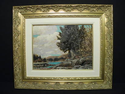 FRANZ JOHNSTON OIL ON BOARD PAINTING: "OCTOBER ON: Franz Johnston oil on board painting. Titled on reverse, "October on the Rouge, Quebec." Signed, "Franz Johnston" lower left. Framed and matted in gilt rococo style frame. Condition: no damage to boar