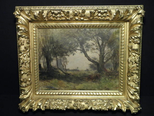 JOHN HAMMOND OIL ON CANVAS PAINTING: "SUMMER MORNI: John Hammond (Canadian, 1843 - 1939) oil on canvas painting. Depicts a forest landscape scene. Signed very faintly in lower right, "J Hammond", and titled on reverse, "Summer Morning." Condition: some