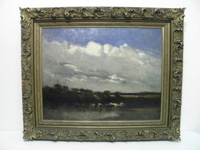 JOHN HAMMOND OIL ON CANVAS PAINTING: John Hammond (Canadian, 1843 - 1939) oil on canvas painting. Depicts cows in a pasture with a cloudy sky above. Signed lower right, "J Hammond" and dated what appears to read "1895." Framed in ornate