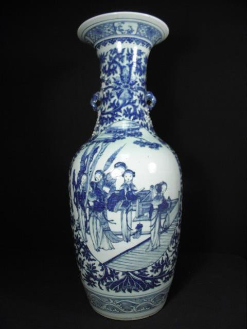 CHINESE BLUE & WHITE PORCELAIN FLOOR VASE: Chinese export porcelain blue and white floor vase. Applied blossoms and branches as handles. Overall blue decoration on white ground. Unmarked, 19th century. Condition: very minor signs of wear, over