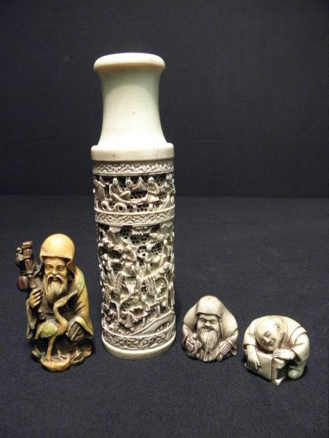 FIVE CHINESE CARVED RESIN DECORATIVE ITEMS: Lot of five Chinese carved resin decoratives. Includes a slim figural carved vase, a medium sized figurine of an elderly man, a resin netsuke replica, a carved and green stained snuff bottle, and a sm