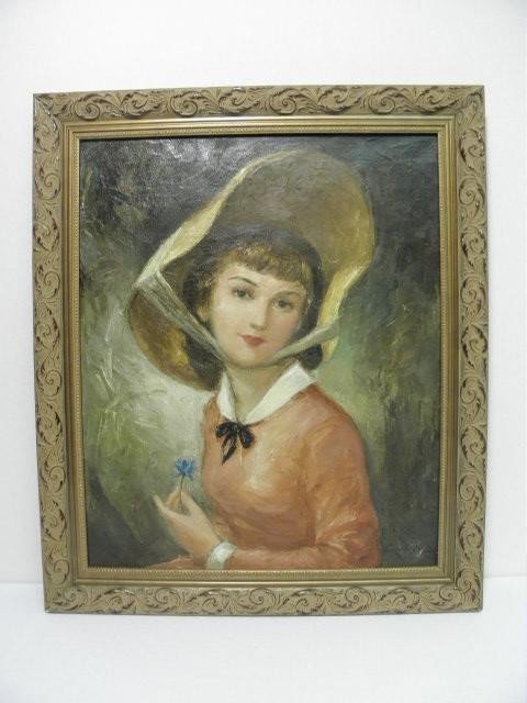 LOUIS ESCOBEDO (CUBAN) OIL ON CANVAS PAINTING OF A: Louis Escobedo (Cuban) oil on canvas painting of a young girl. Framed in gilt wood frame, signed lower right "Escobedo". Condition: good, shows minor signs of age, see images. Measures (frame) 28.5" t