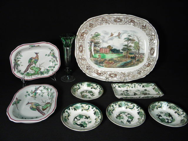 ASSORTED FINE PORCELAIN & COLORED CUT CRYSTAL: 9 P: Group lot of assorted fine porcelain and a green cut crystal fluted vase. Porcelain pieces include a Mason's "Mason's Game Birds " Ironstone platter, four Mason's "Chartreuse" ironstone bowls, a Mason