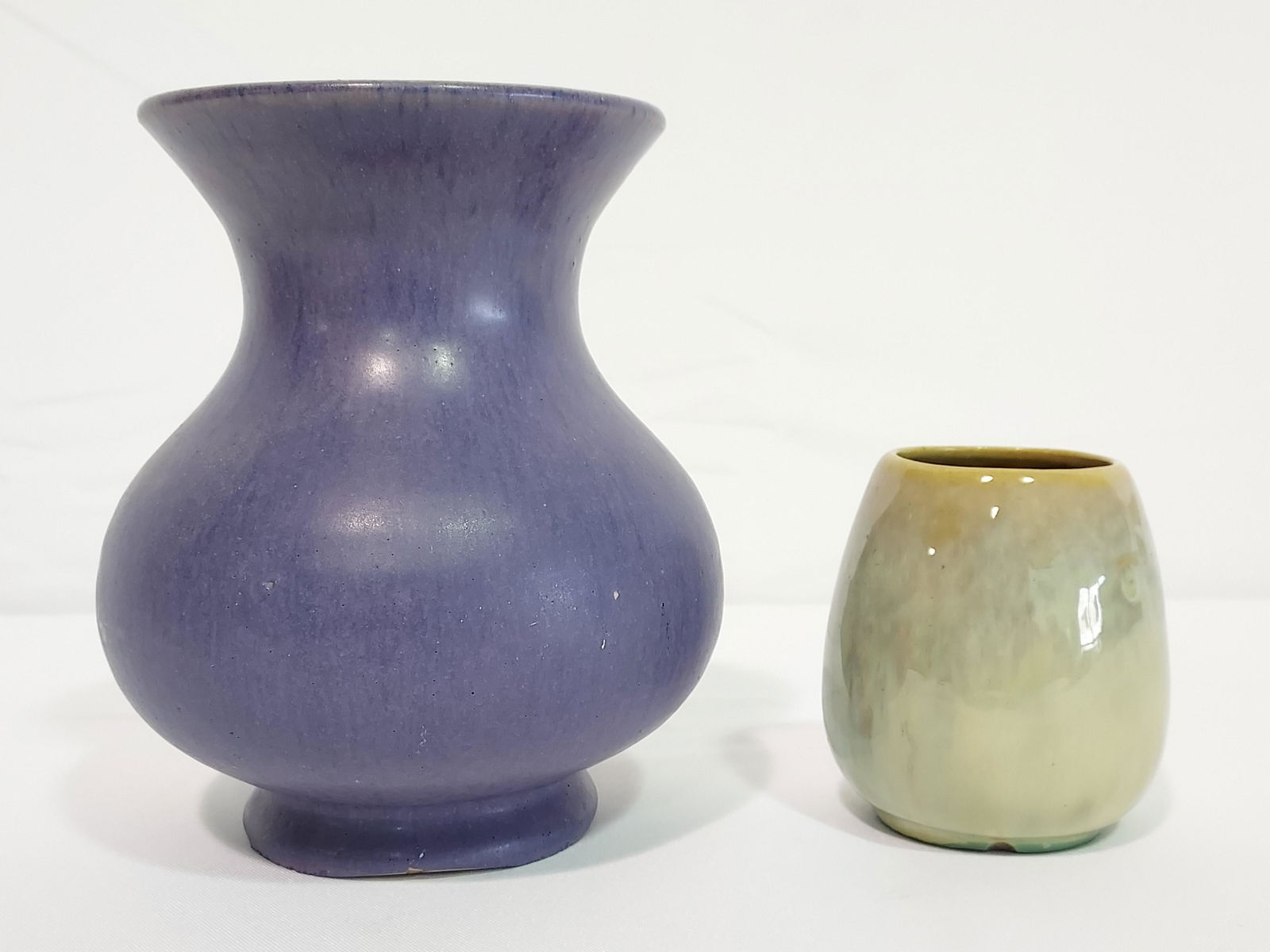 TWO FULPER VASES - 7" PURPLE GLAZED & 3.75" GREEN (1 of 16)