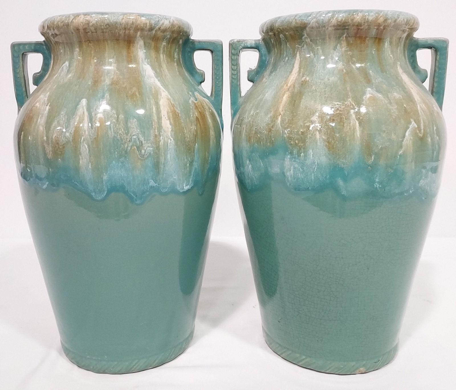 PAIR VINTAGE GREEN GLAZED POTTERY PLANTERS (1 of 15)