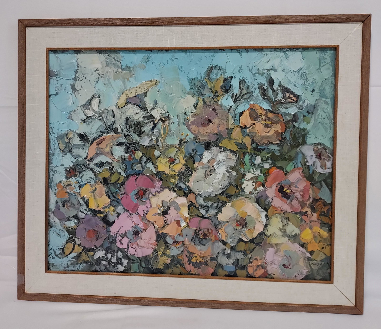 20TH C ABSTRACT FLORAL PAINTING ON CANVAS.: A 20th century impasto painted floral abstract acrylic painting on canvas. Signed lower right K. Wilson. Measures: 19.75 x 24" x 1.5". Weight: 3 lbs 7 oz