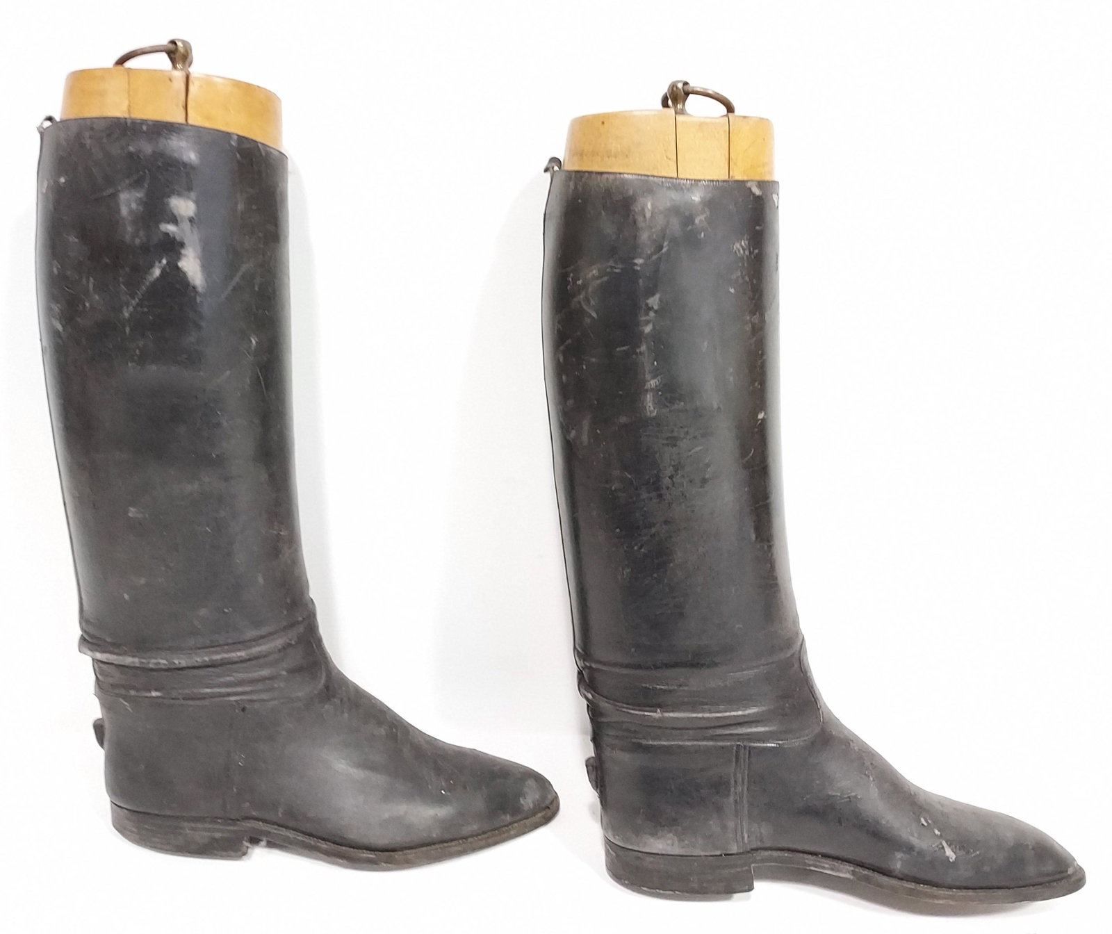 PAIR ANTIQUE CARVED WOOD BOOT STRETCHERS & BOOTS: Pair of antique carved wood boot stretchers with the boots! Each stretcher will not stay together on its own unless inside a boot, the sliding pieces with the slotted joints will need to be glued toge