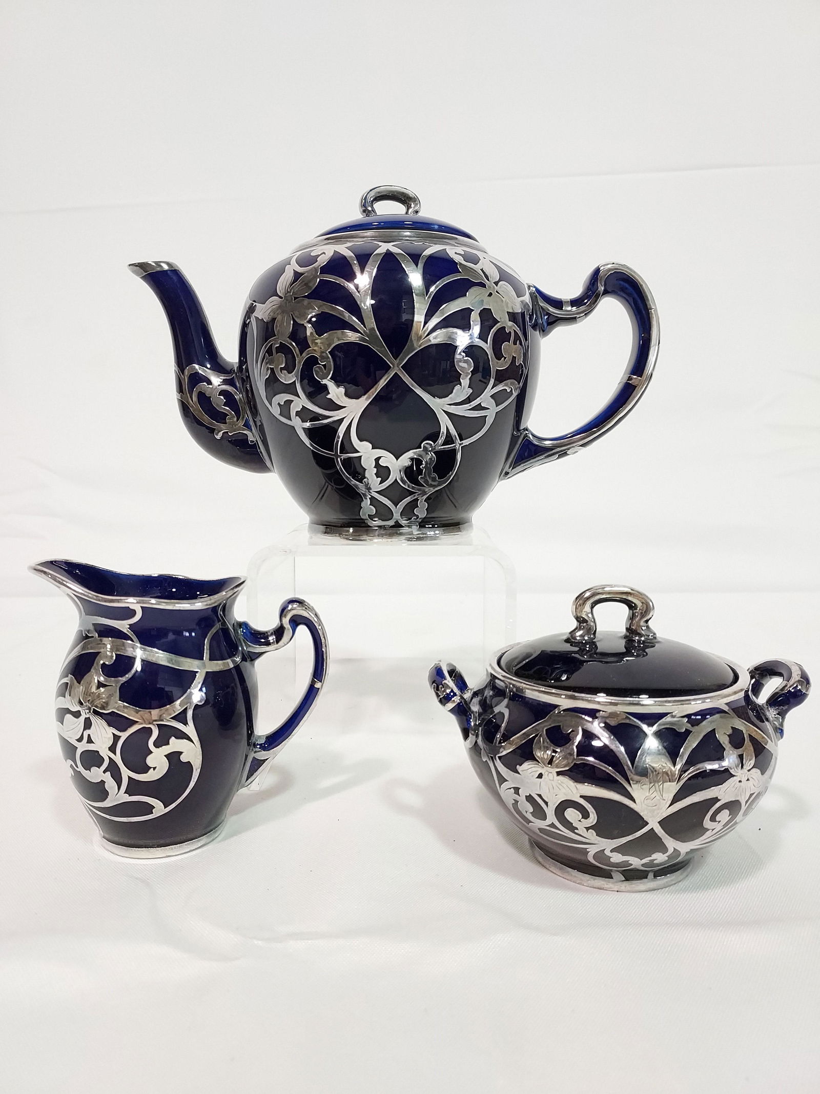 LENOX SILVER OVERLAY COBALT PORCELAIN 3 PC TEA SET (1 of 15)