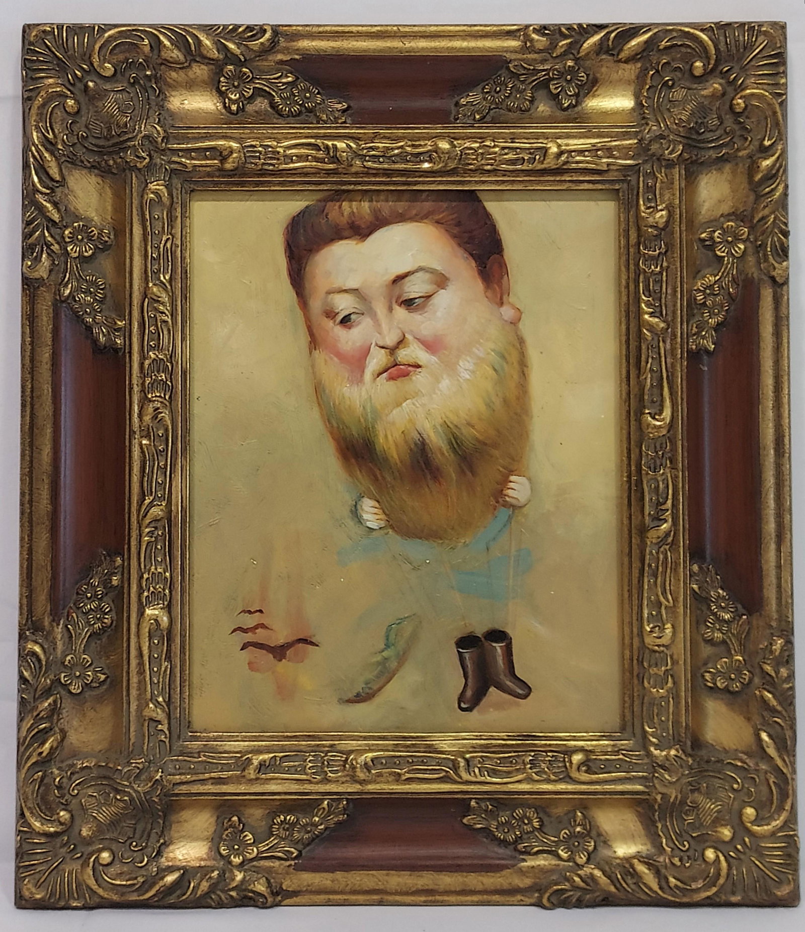20th CENTURY DECORATIVE SURREALIST PAINTING: 20th century decorative surrealist painting depicting a bearded man as a hot air balloon with boots, birds, and mask. No apparent signature. Condition: good. Measures: 15.5 x 13.5 x 1.5" and weighs 2 